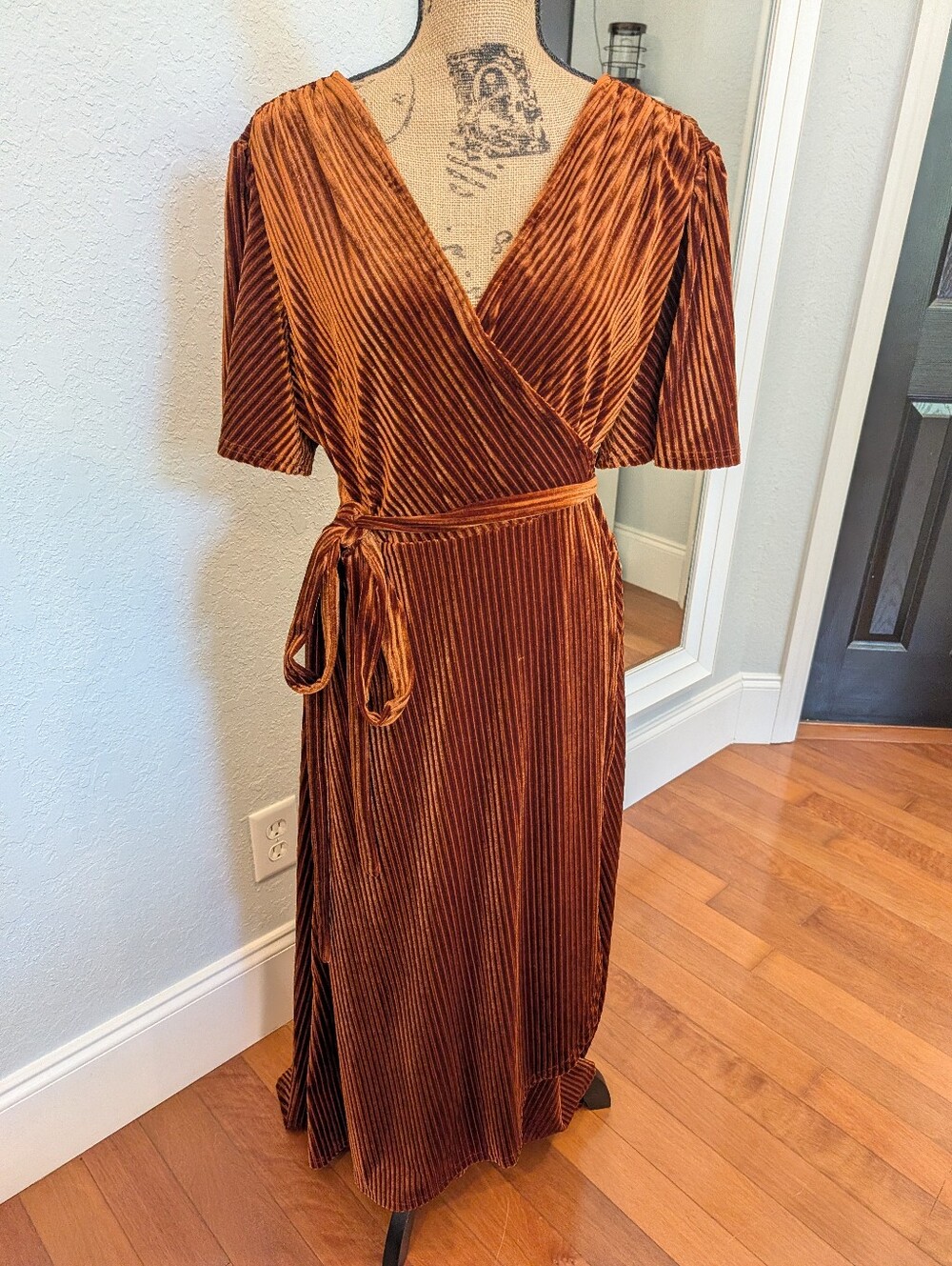 Velvet Burnt Orange Hi-Lo Wrap Dress